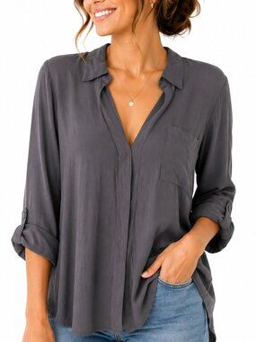 PLEIONE Collared VNeck Grey Tunic Mixed Media